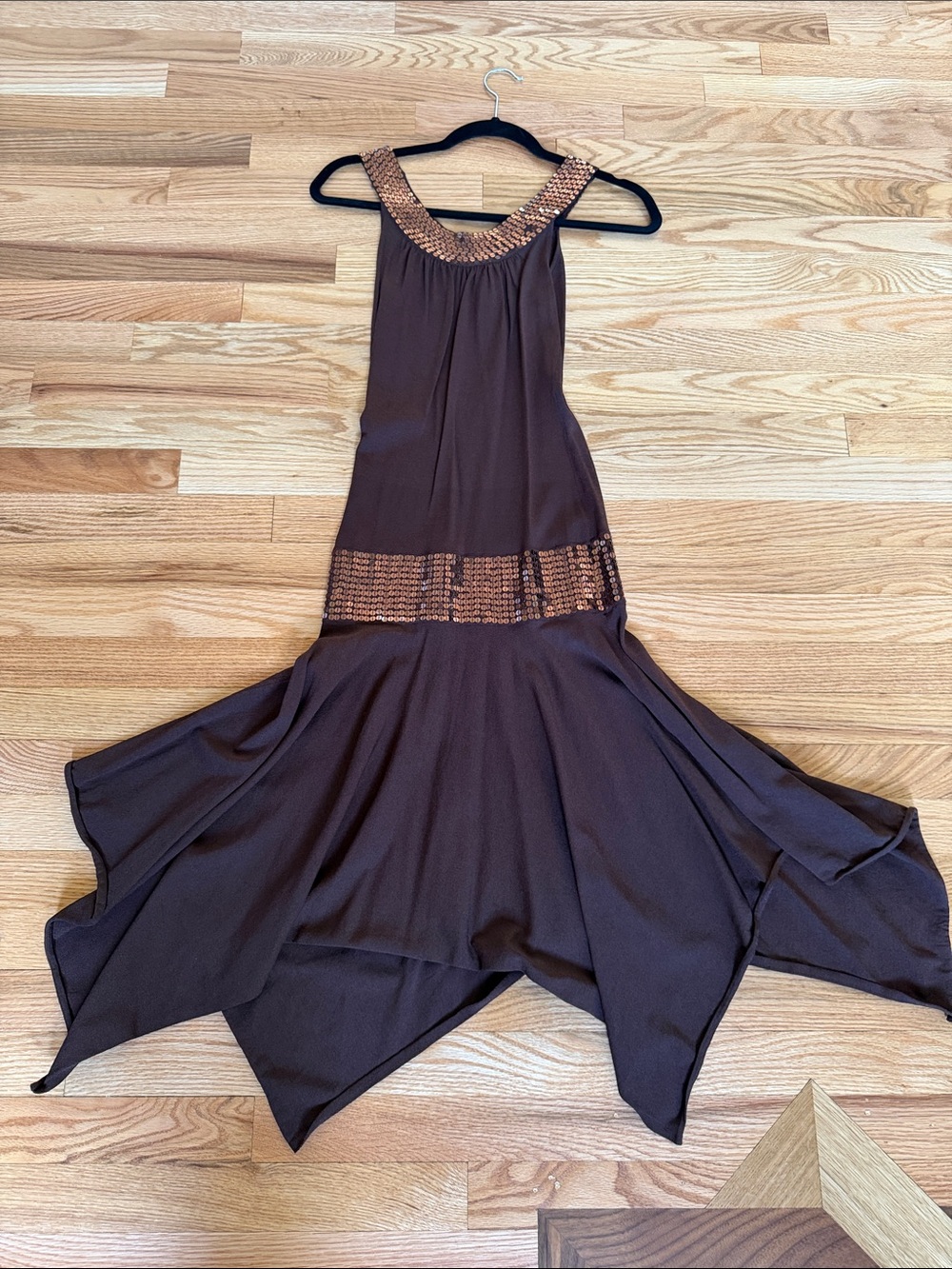 Forever 21 Chocolate Brown Handkerchief Hem Dress with Bronze Embellishment